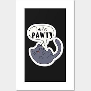 Let's Pawty Grey Cat Cartoon Posters and Art